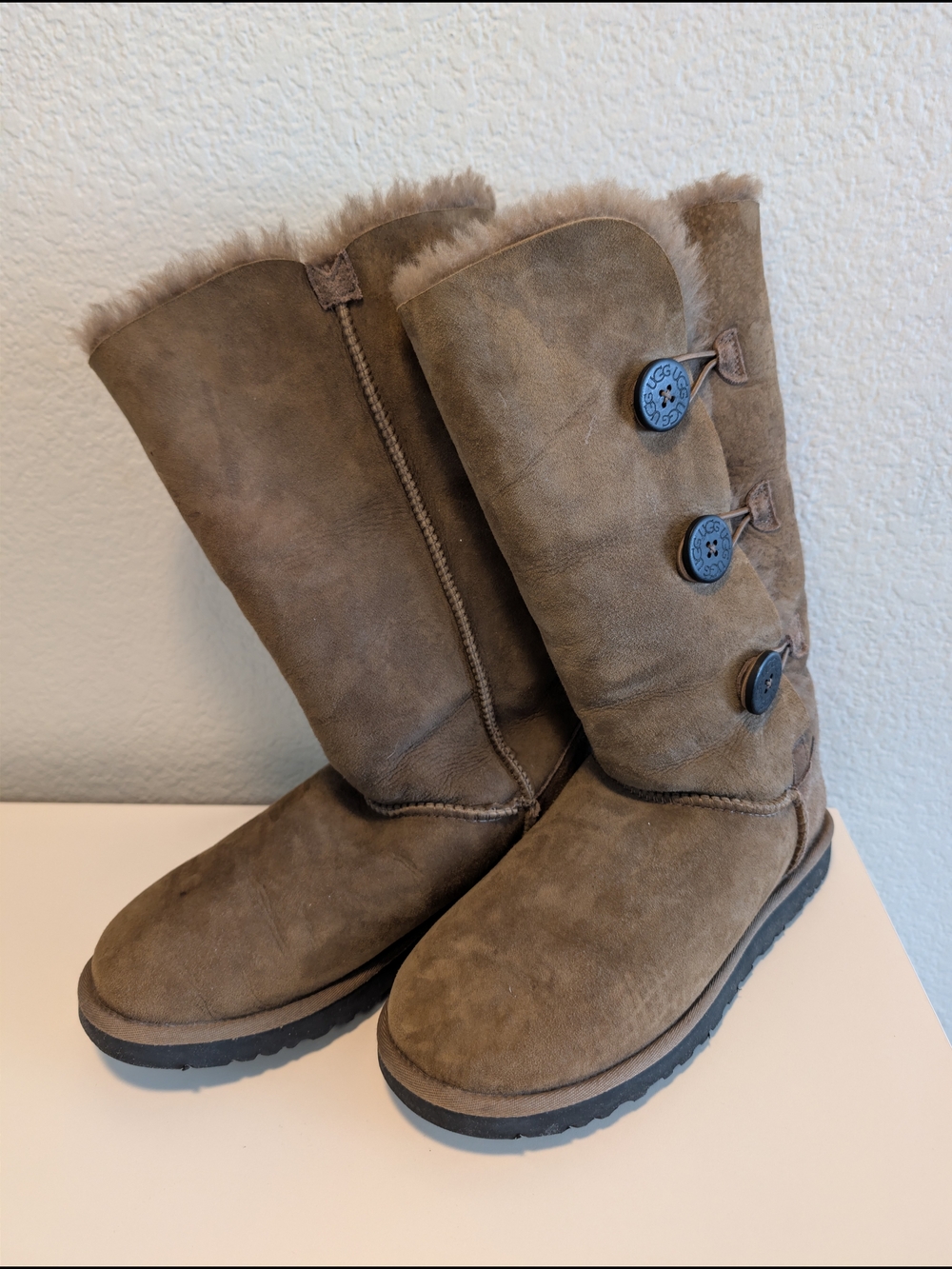 UGG Brown Bailey Button Triplet Tall Suede Winter Boots, US Size 9